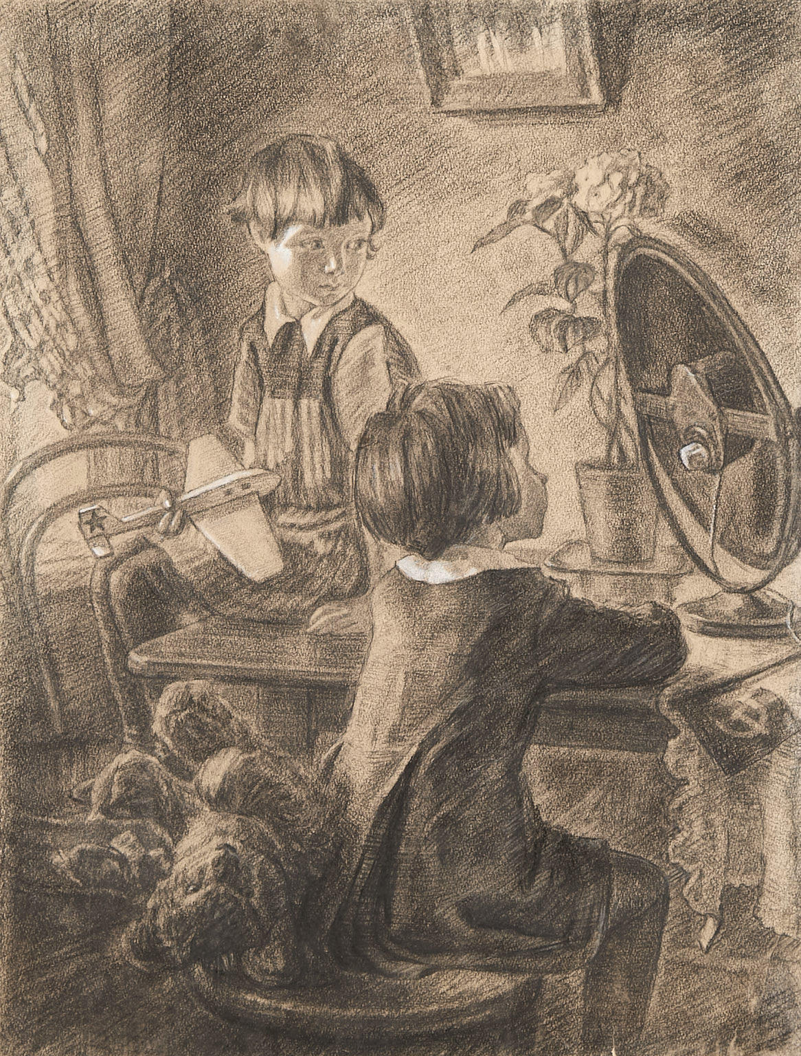 Deux enfants écoutant la radio