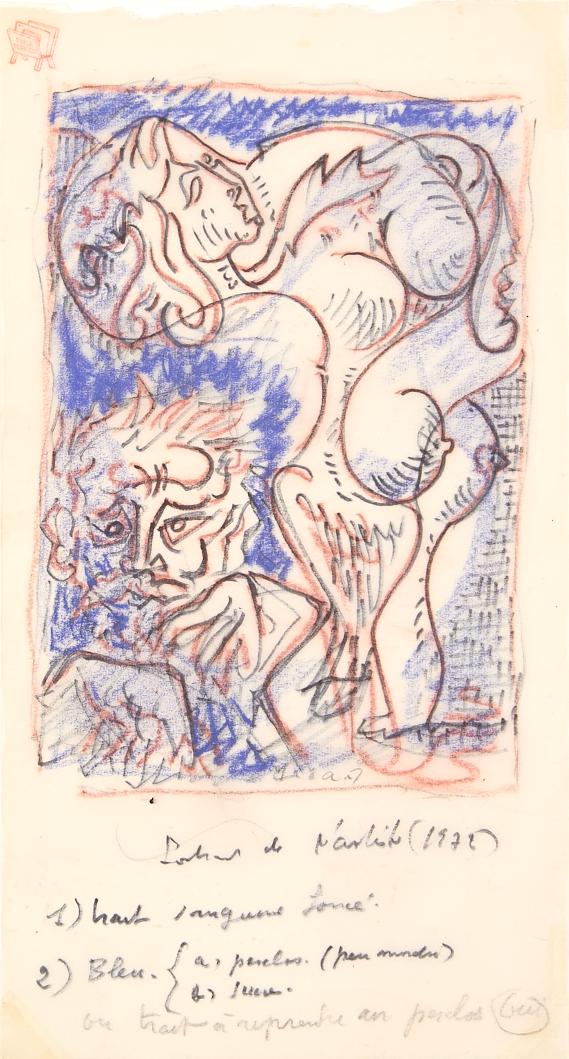 Portrait de l'artiste [dessin original préparatoire] + 2 gravures