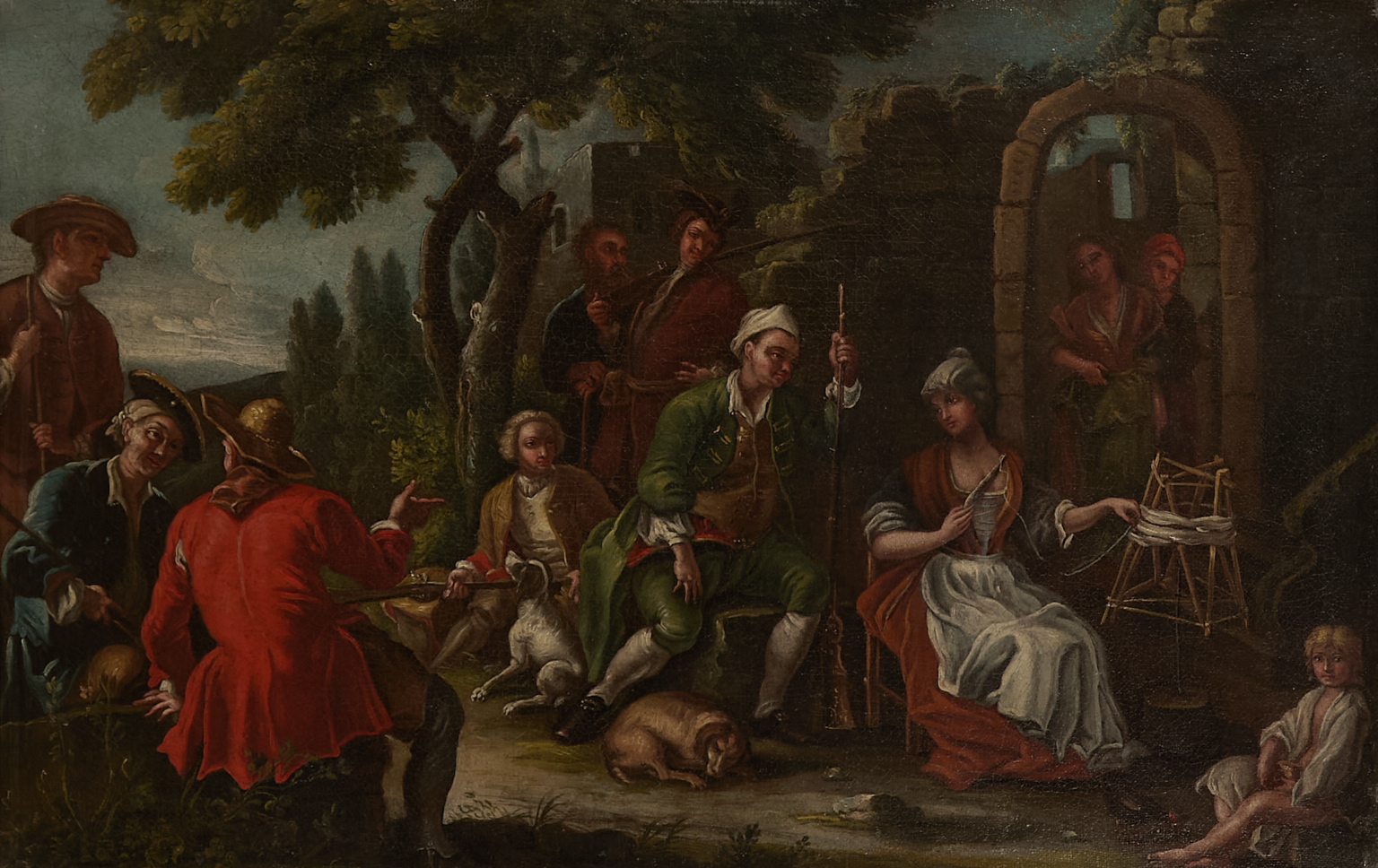 Chasseurs au repos avec une jeune paysanne