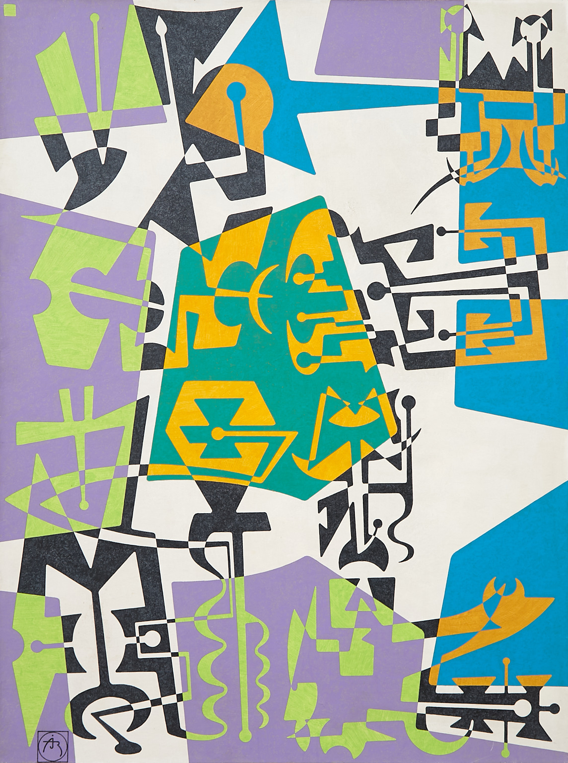 Composition abstraite verte, jaune, bleue et violette