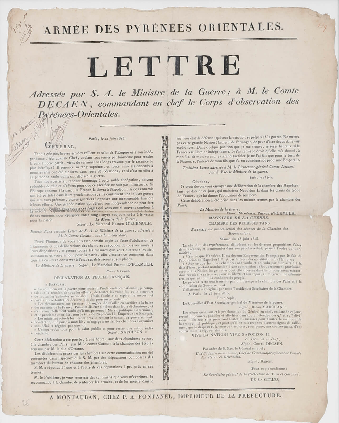 Armée des Pyrénées Orientales, Lettre.