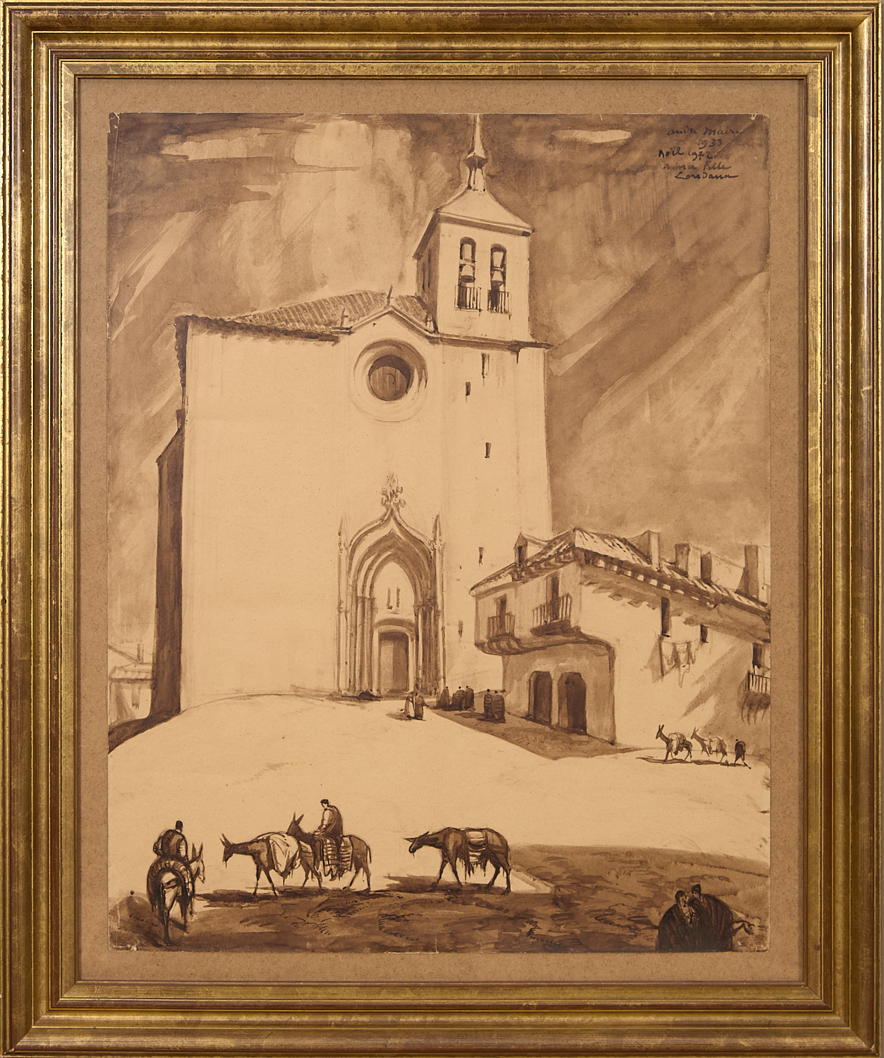 Espagne, église avec hommes et ânes en premier plan