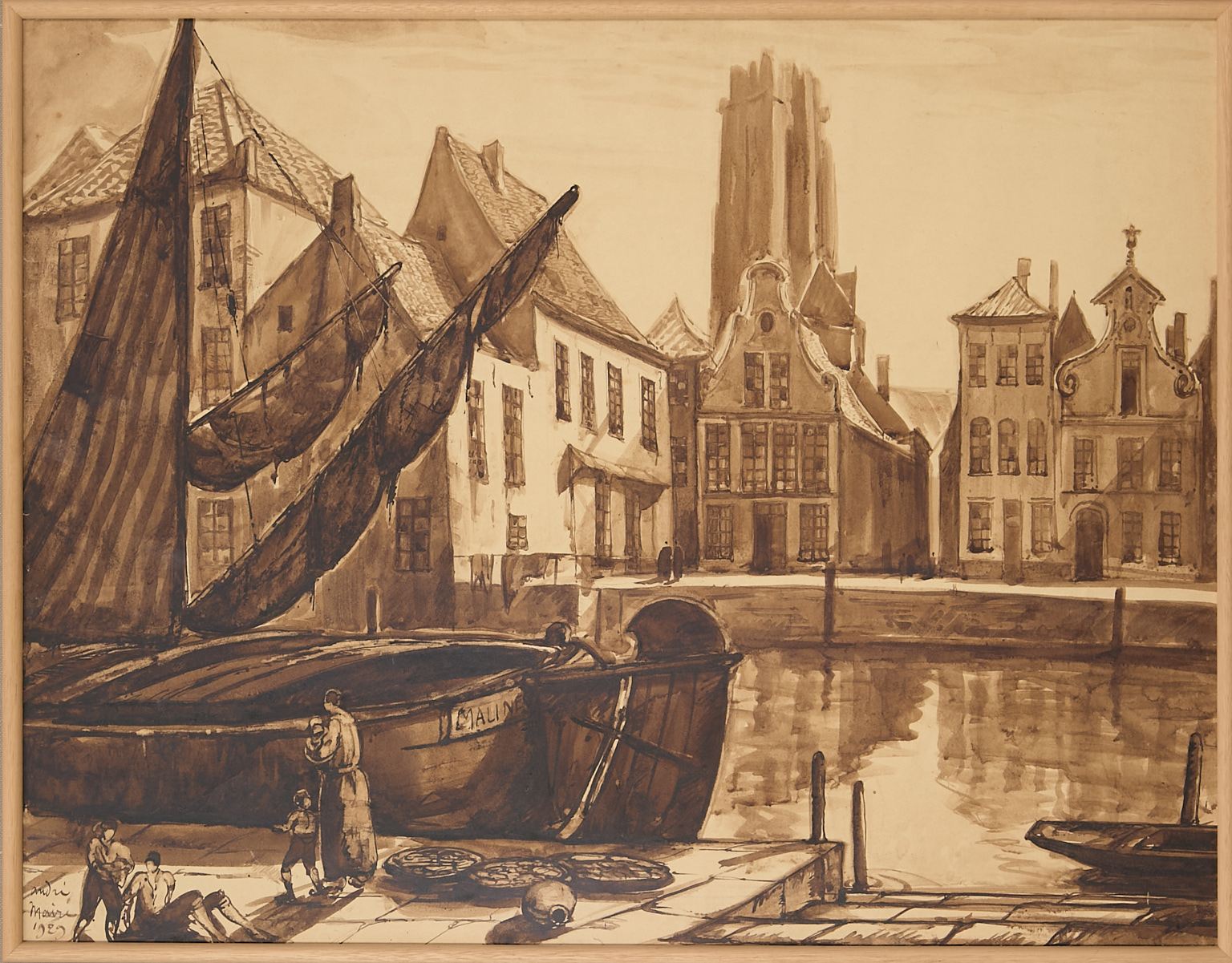 Bruges, Belgique, bateau en premier plan et personnages sur le…