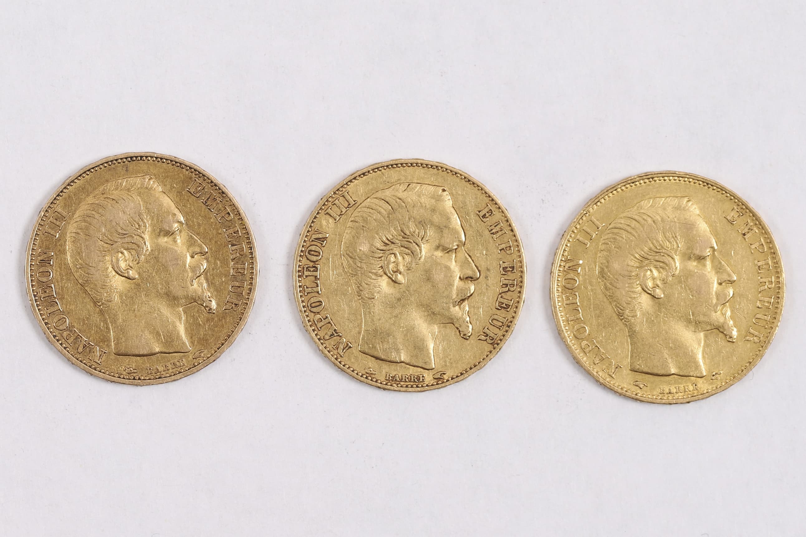 3 pièces de 20 Francs Napoléon III Tête Nue