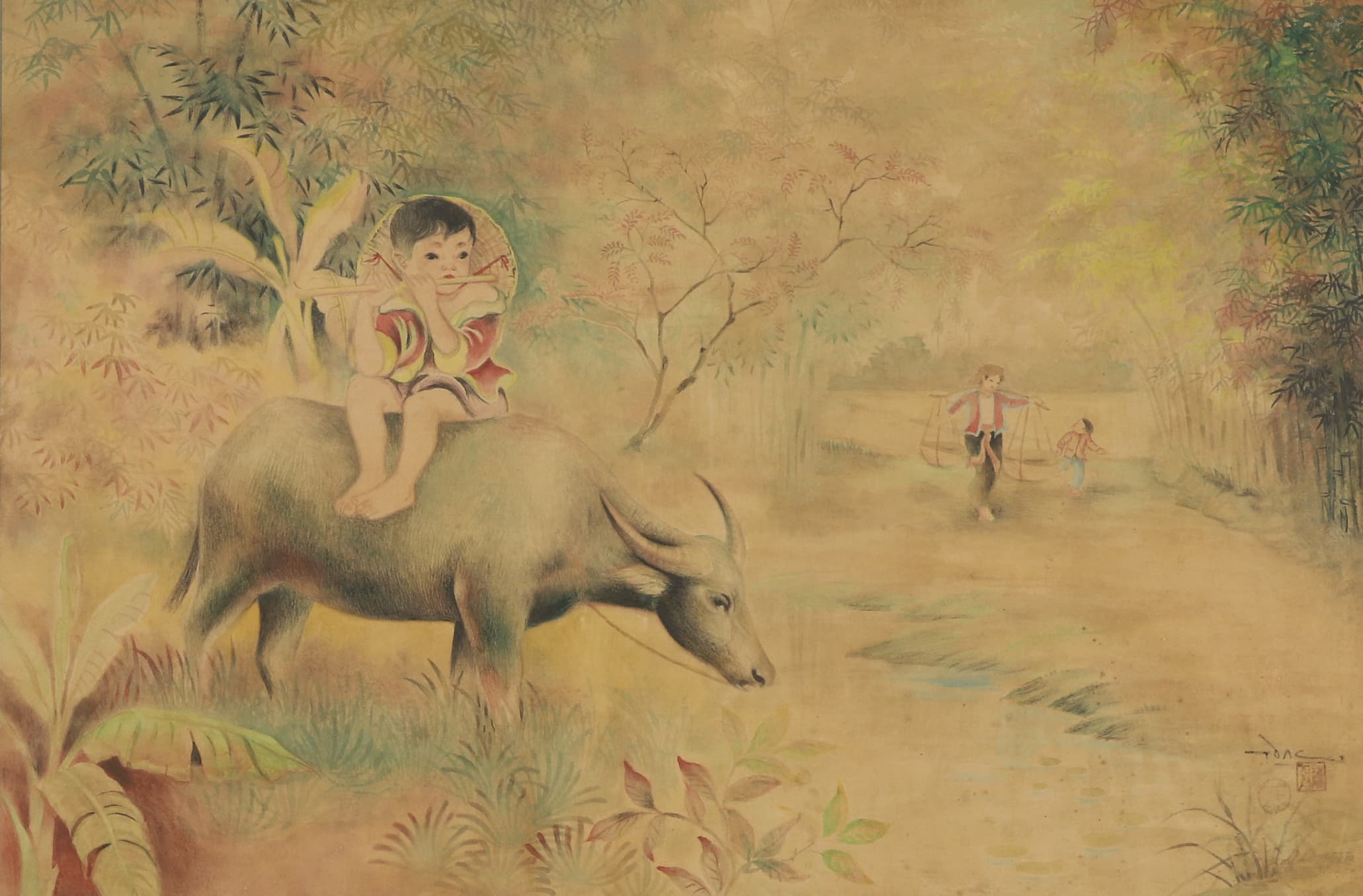 Enfant jouant de la flûte sur un buffle d'eau