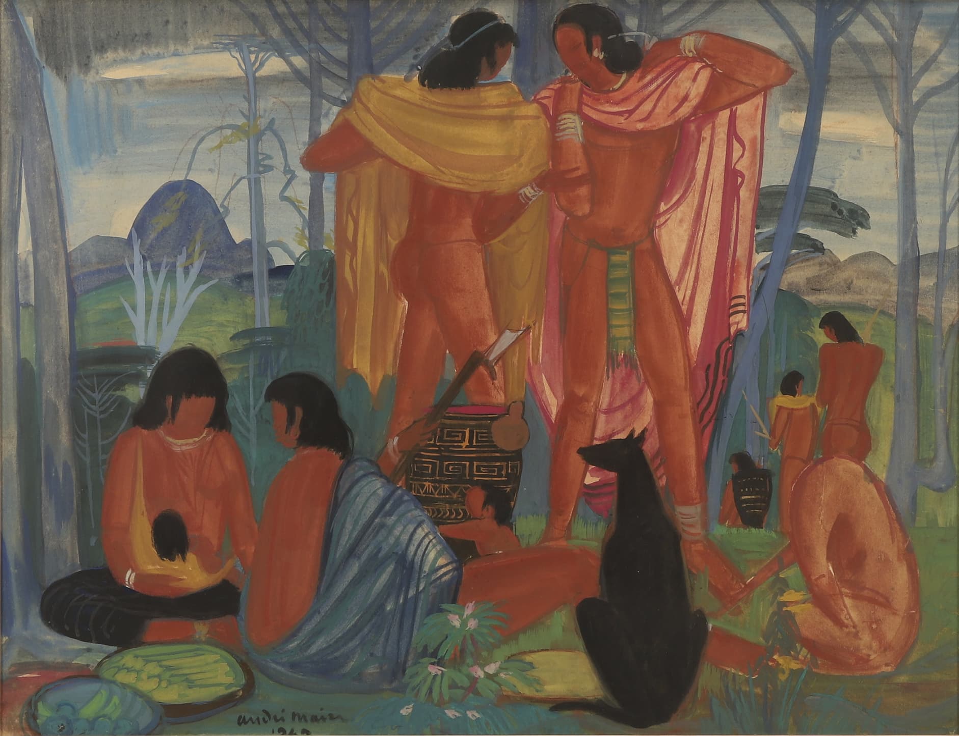Personnage assis et danseurs