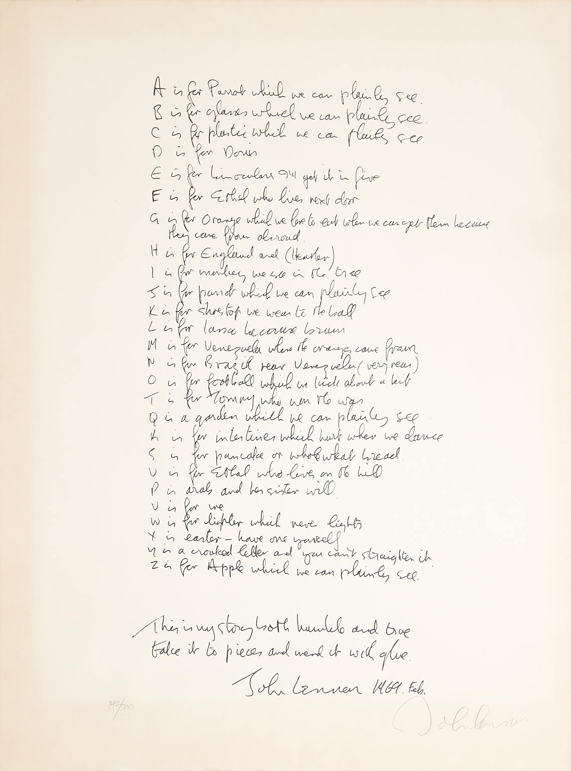 John Lennon (1940-1980) Alphabet Poem, from the...