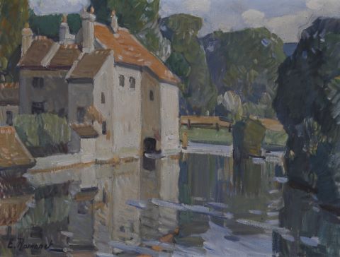 Rivière dans un village & Promeneurs