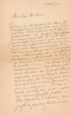 L.A.S., avril 1890, à Louis Mullem ; 1 page et…