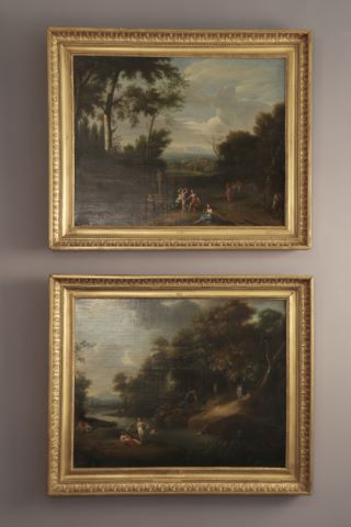Paysage classique italianisant animé d’une scène de bacchanale Le bain…