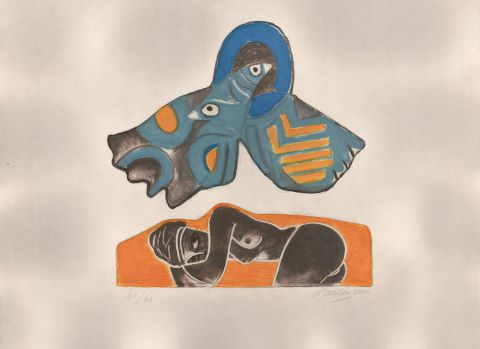 Oiseau et femme endormie