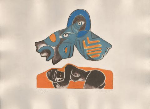 Oiseau et femme endormie
