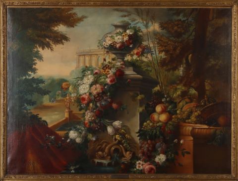 Nature morte de fleurs et de fruits sur un entablement…