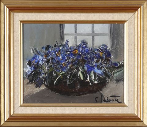 Nature morte, fleurs bleus dans un vase
