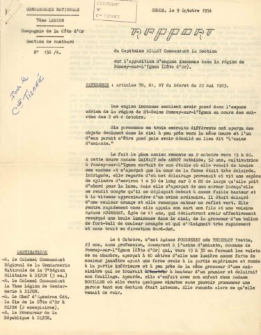 Très rare rapport de gendarmerie faisant état de l’apparition d’engins…