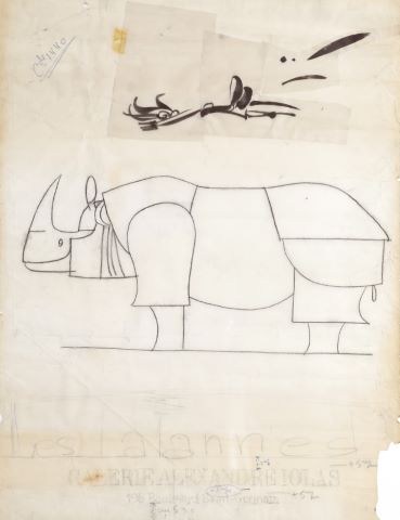 Rhinocéros, dessin préparatoire de l'affiche Les Lalannes, Galerie Alexandre Iolas