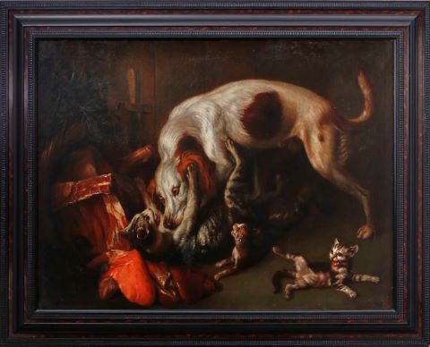 Chien jouant avec des chats