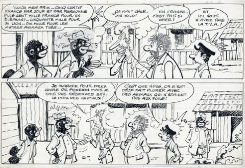 Les Pieds-Nickelés, organisateurs de safari, demi-planche