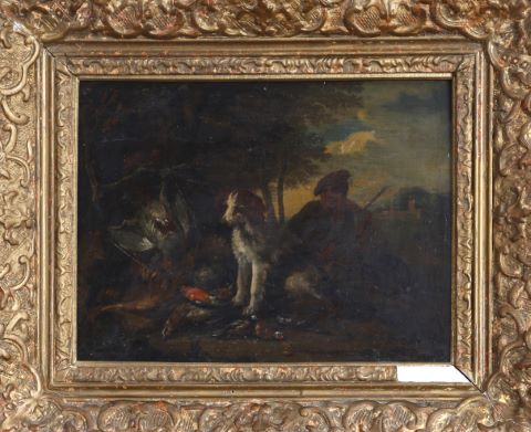 Chasseur et son chien dans un paysage