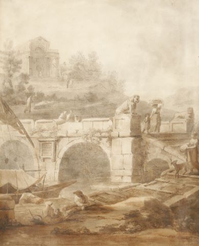Lavandières et barques devant un pont en ruine
