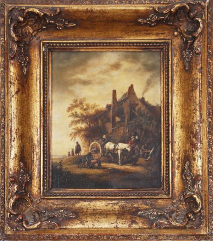 Auberge avec un cheval devant une auge