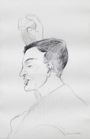 Portrait d’homme de profil gauche, une main levée