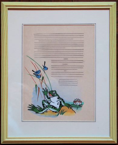 Page de texte avec grenouille et oiseau