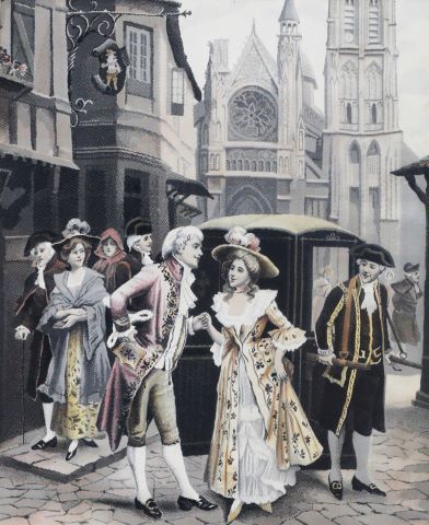 7 tableaux brodés représentant des scènes galantes