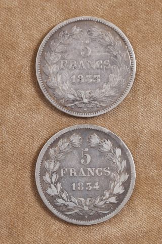2 pièces de 5 franc Louis Philippe I tête laurée