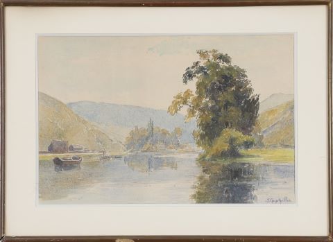 Paysage boisé en bord de fleuve animé de péniches