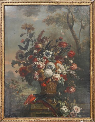 Bouquet de fleurs et perroquet sur un entablement