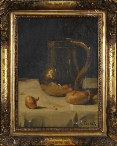 Nature morte au broc et oignons sur un entablement