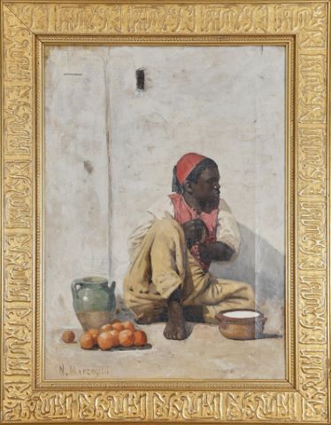 Jeune Maure marchand d’oranges à la cruche verte au pied…