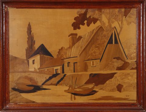 A. Guillot (XXe siècle) 3 panneaux en marqueterie...