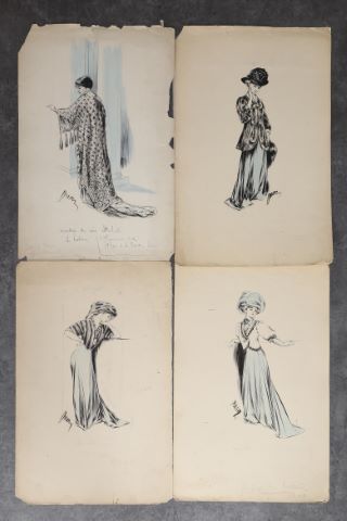 4 dessins d’élégantes, pour les fourrures Max (Leroy & Schmid),…