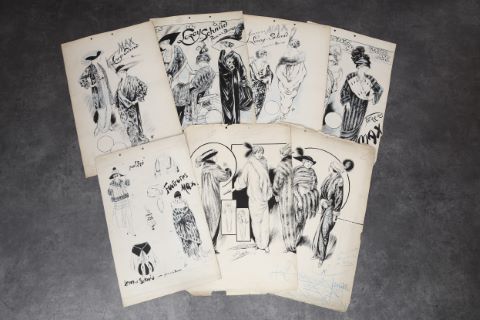 7 dessins d’élégantes, pour les fourrures Max (Leroy & Schmid),…