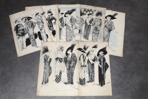7 dessins d’élégantes, pour les fourrures Max (Leroy & Schmid),…
