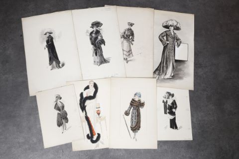 8 dessins d’élégantes, pour les fourrures Max (Leroy & Schmid),…