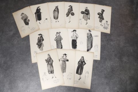 13 dessins d’élégantes, pour les fourrures Max (Leroy & Schmid),…