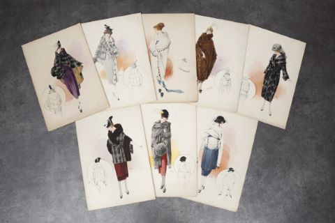 8 dessins d’élégantes, pour les fourrures Max (Leroy & Schmid),…