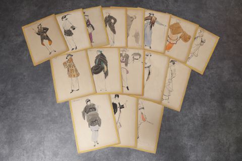 16 dessins d’élégantes, pour les fourrures Max (Leroy & Schmid),…
