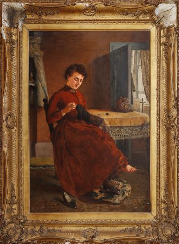Femme reprisant ses bas