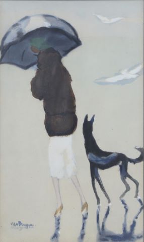 Femme avec un chien marchant sur la plage