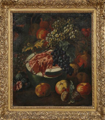 Nature morte à la pastèque, grenade, figues et grappes de…