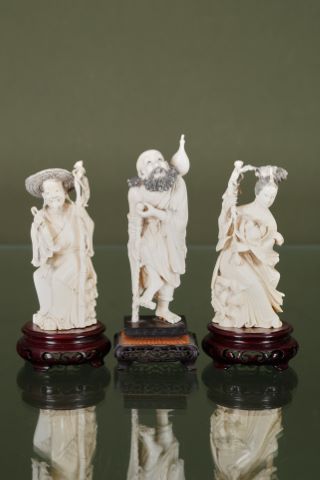 Pêcheur, guanyin et vieillard à la canne portant une coloquinte