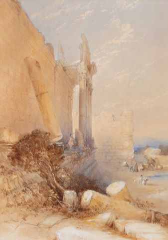 Paysage de ruines à Baalbek au Liban avec deux chameaux…