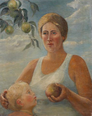 Femme donnant une pomme à un enfant