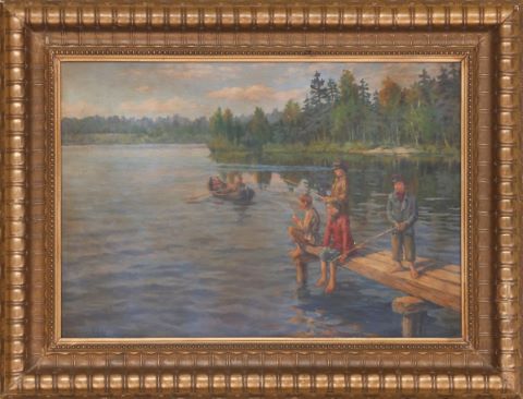 Enfants pêchant au bord d’un lac