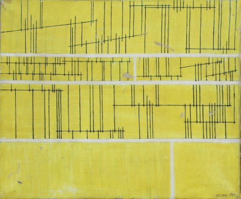 Composition abstraite sur fond jaune