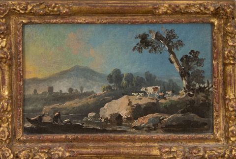 Paysage de rivière avec des paysans et un troupeau sous…